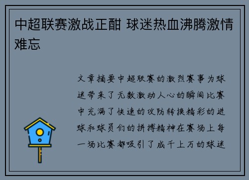 中超联赛激战正酣 球迷热血沸腾激情难忘
