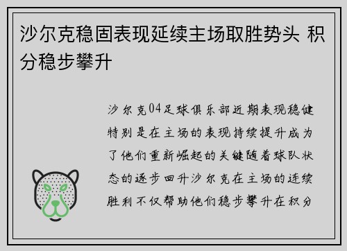 沙尔克稳固表现延续主场取胜势头 积分稳步攀升