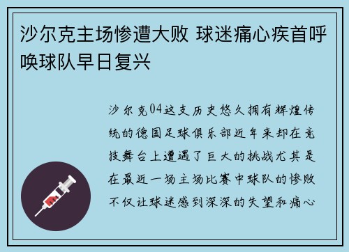 沙尔克主场惨遭大败 球迷痛心疾首呼唤球队早日复兴
