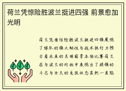 荷兰凭惊险胜波兰挺进四强 前景愈加光明