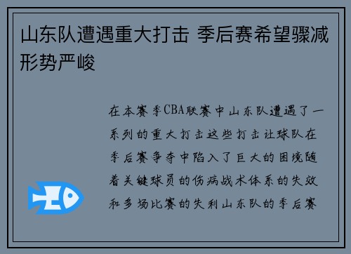 山东队遭遇重大打击 季后赛希望骤减形势严峻